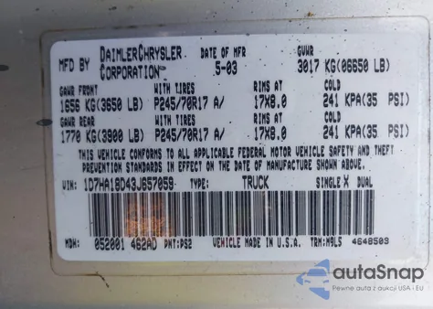 2003 Dodge Ram 1500 Slt/Laramie/St from USA, damaged, VIN 1D7HA18D43J657059